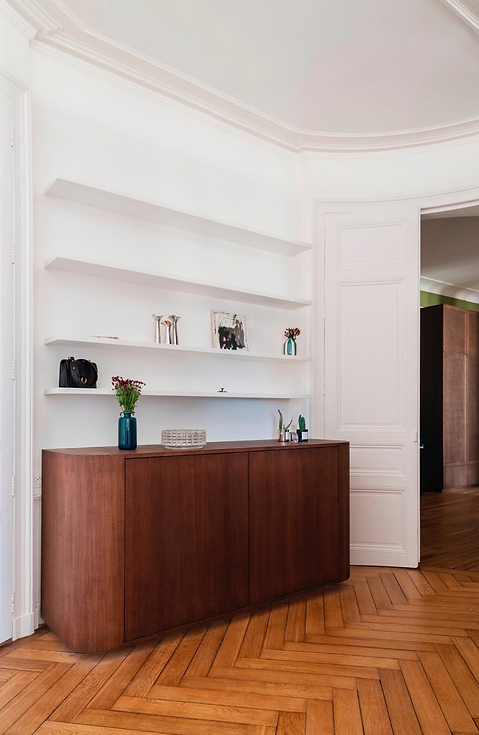 Dressing et commode en chêne teinté, MDF laqué.
